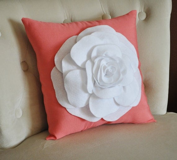 White Flower on Coral Pillow -Coral Pink- Red Orange Salmon Linen- Rose Pillow 18 x 18