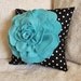 Turquoise Rose on Black with White Polka Dot Pillow
