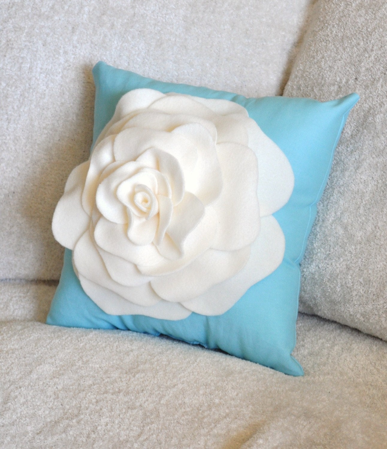 Pillows, Throw Pillow, Ivory Rose on Bright Robins Egg Blue 14x14