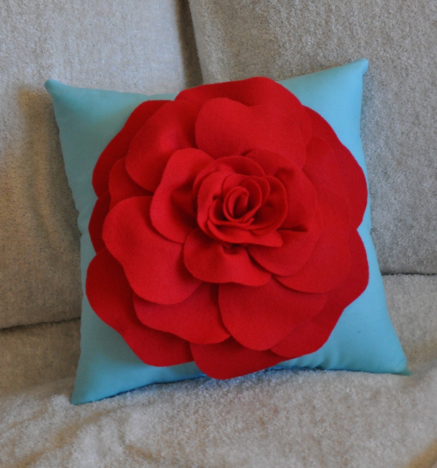 Flower Pillow Red Rose on Robins Egg Blue Accent Pillow
