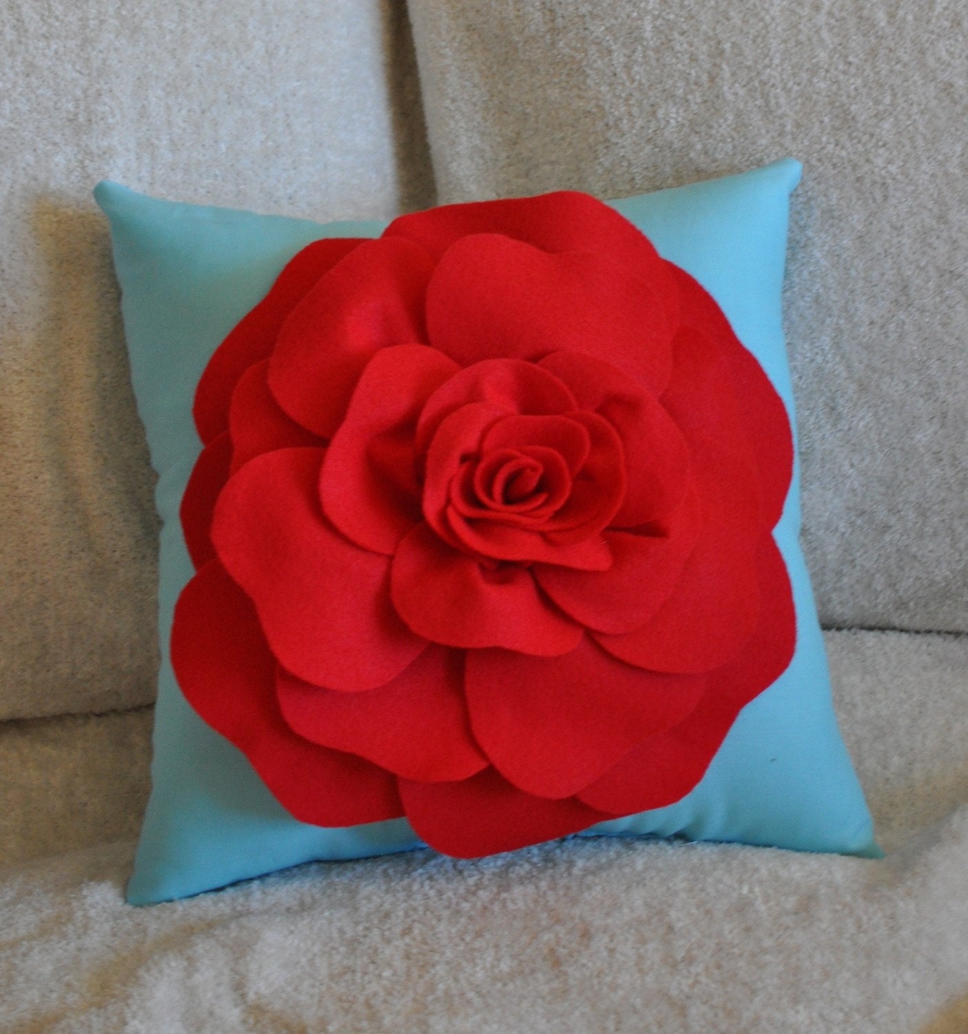 Flower Pillow Red Rose on Robins Egg Blue Accent Pillow