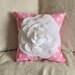 Rose Pillow White on Pink with White Polka Dot Pillow 14x14 Flower Pillow