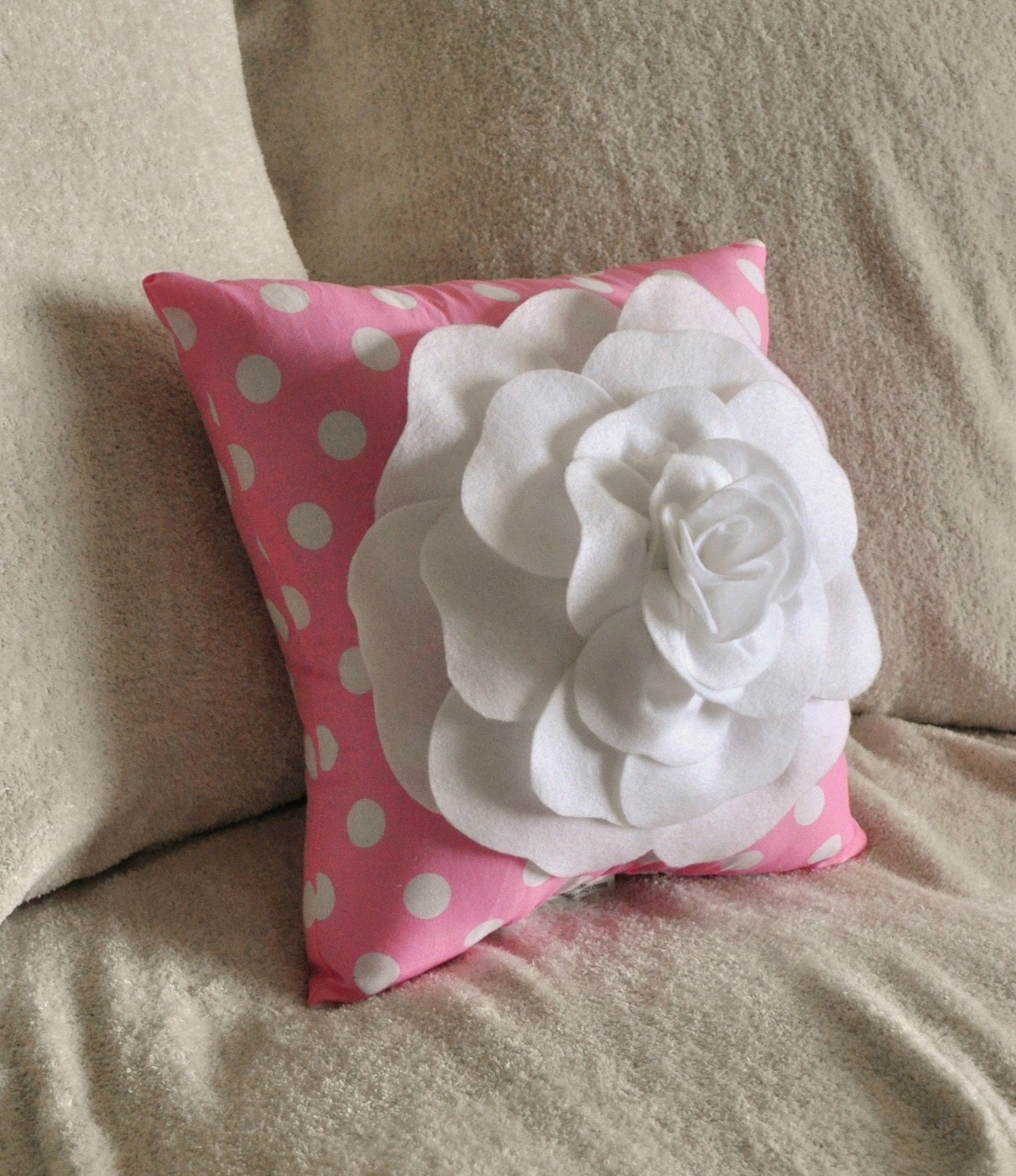 Rose Pillow White on Pink with White Polka Dot Pillow 14x14 Flower Pillow