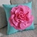 Throw Pillow Pink Rose on Bright Aqua Pillow 14 x 14