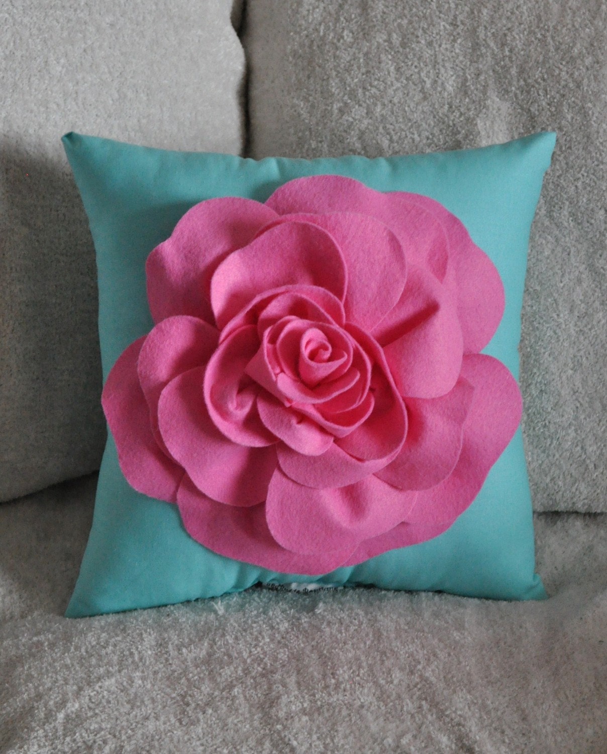Throw Pillow Pink Rose on Bright Aqua Pillow 14 x 14