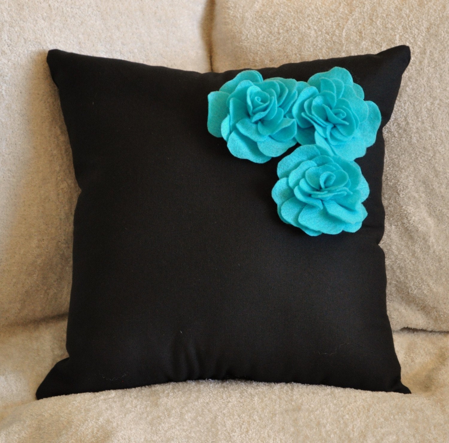 Two Decorative Pillows  - Turquoise Felt Rose Trio on Black Pillows 14"x14"