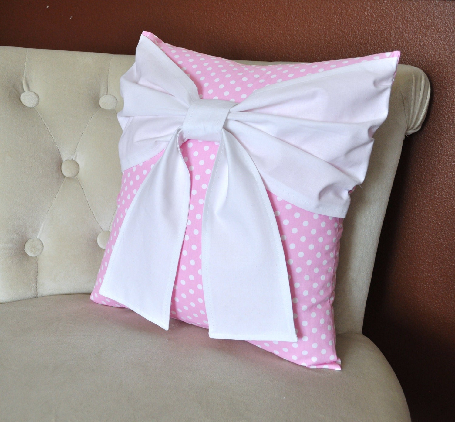 Nursery Decor - Pink Polka Dot Pillow with Big White Bow Throw Pillow Nursery pillow