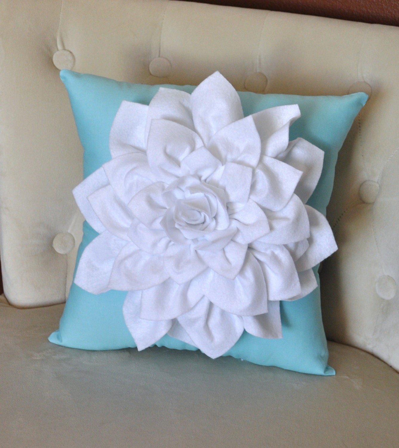 White Dahlia Felt Flower on Blue Pillow NEW BEDBUGGS DESIGN