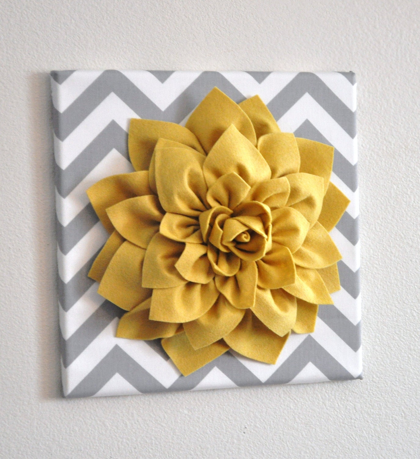 THREE - Wall Flower -Mellow Yellow Dahlia on Gray and White Chevron 12 x12" Canvas Wall Art- 3D Felt Flower