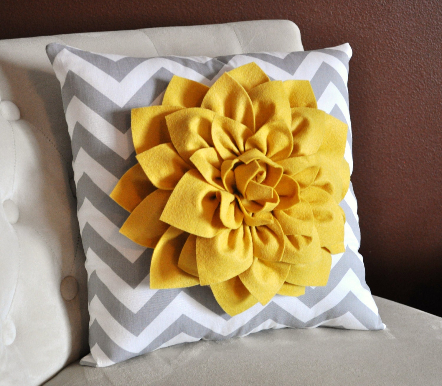 Mellow Yellow Dahlia on Gray and White Zigzag Pillow -Chevron Pillow-