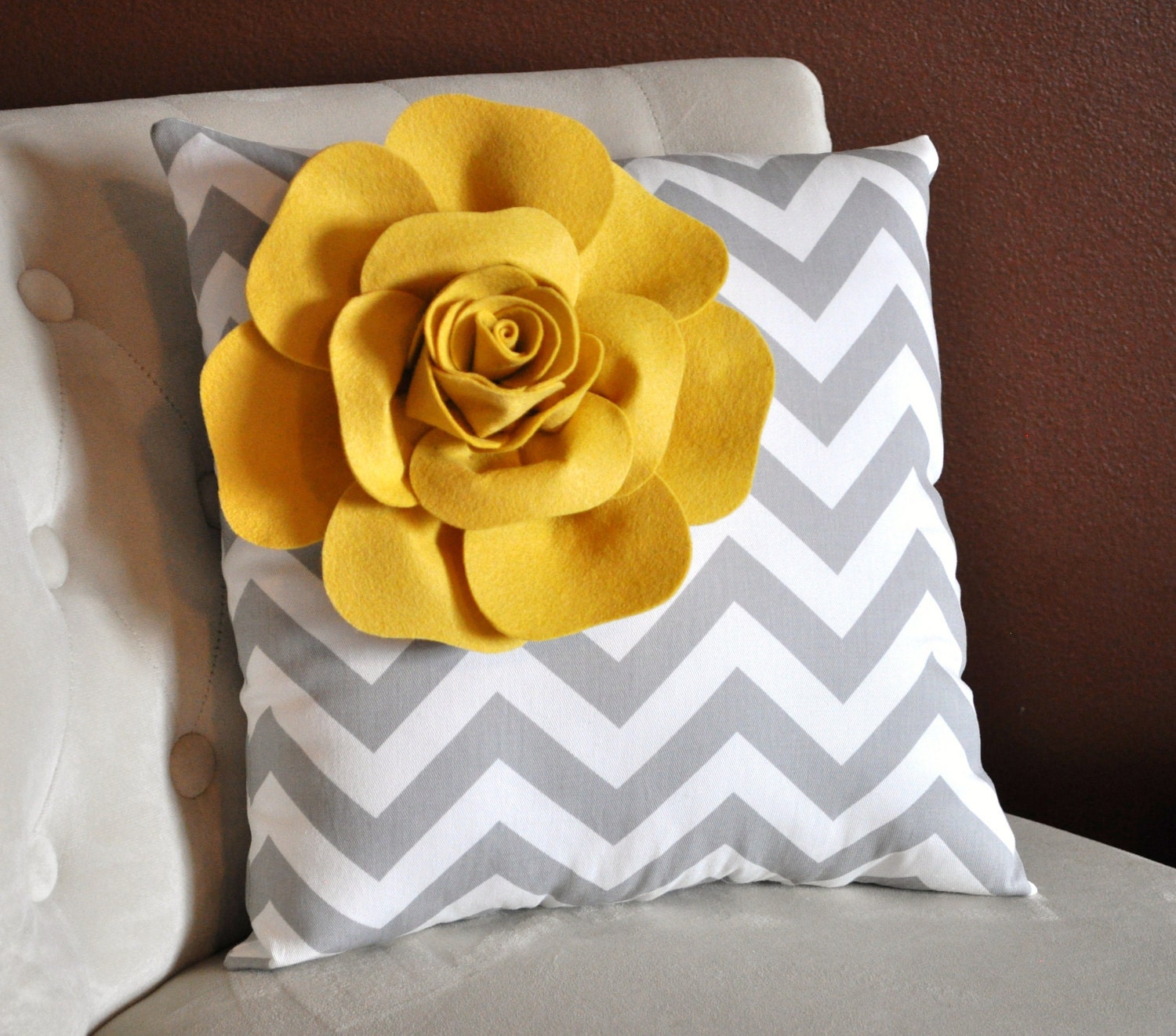 Mustard Rose on Navy and White Zigzag Pillow 14 X 14 -Chevron Flower Pillow- Zig Zag Pillows