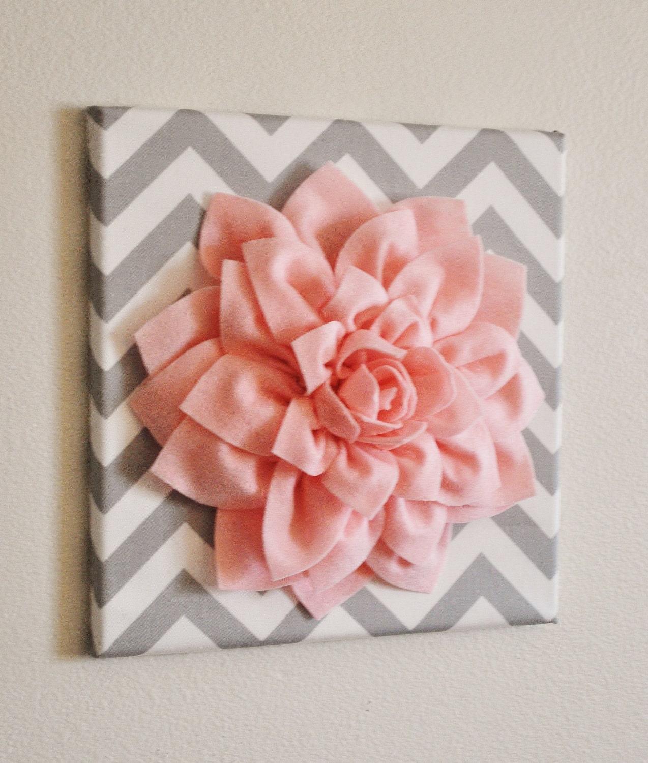 Wall Flower -Light Pink Dahlia on Gray and White Chevron 12 x12" Canvas Wall Art- Baby Nursery Wall Decor-