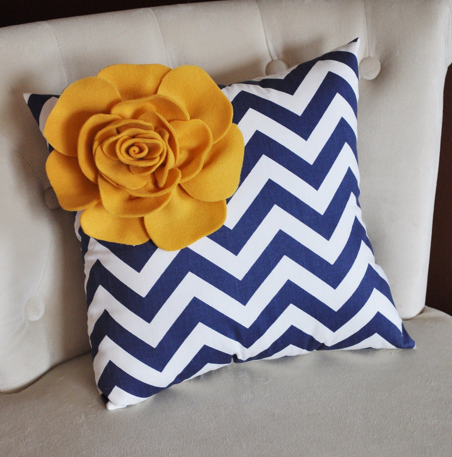 Mustard Rose on Navy and White Zigzag Pillow 14 X 14 -Chevron Flower Pillow- Zig Zag Pillows