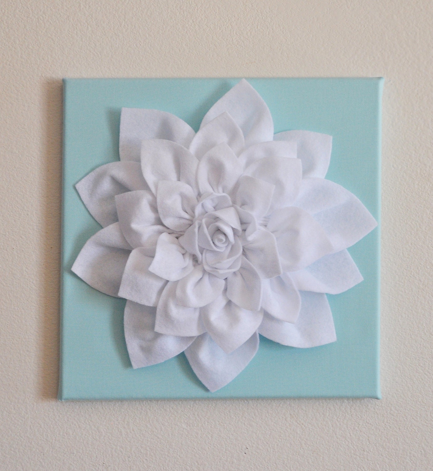 Wall Flower -White Dahlia on Aqua 12 x12" Canvas Wall Art- 3D Felt Flower