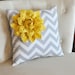 Mellow Yellow Corner Dahlia on Gray and White Zigzag Pillow 14 X 14 -Chevron Flower Pillow- Zig Zag Pillows