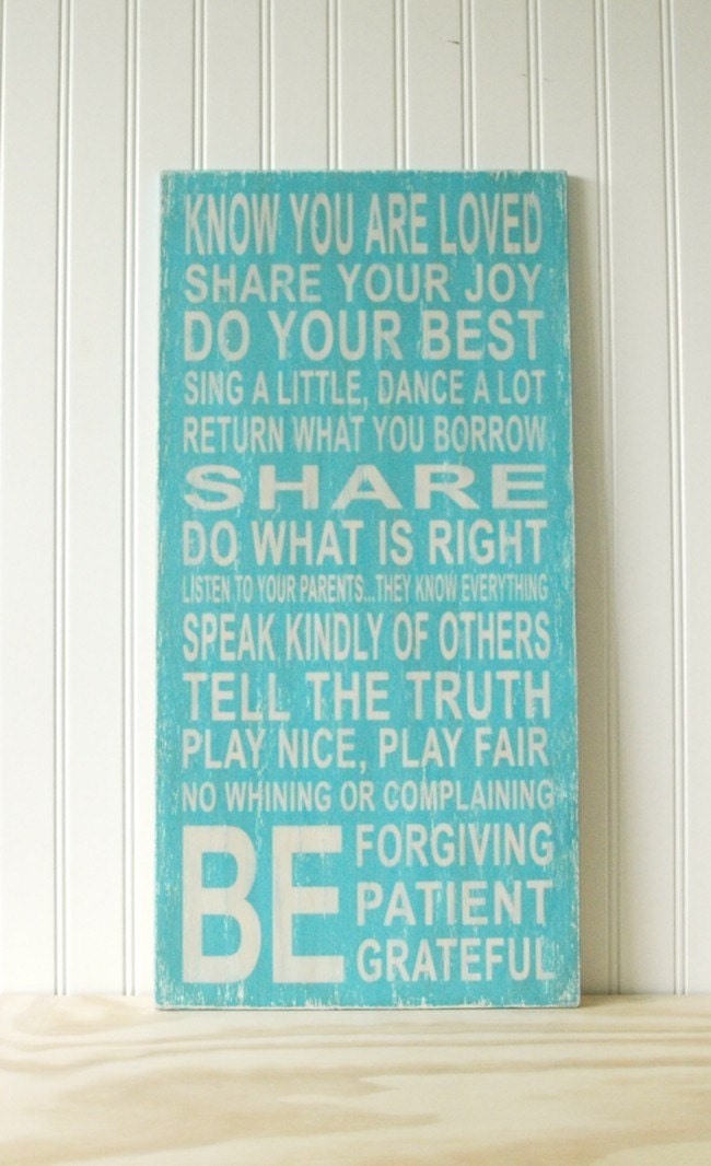 Aqua Family Rules Vintage Style Know You Are Loved RESERVED for Rebecca