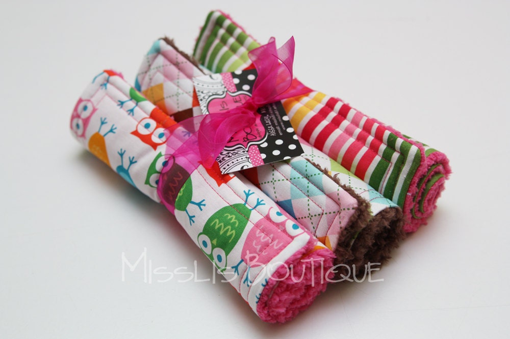 Baby Burp Cloth Set  - Hoot Hoot - Raspberry Limeade
