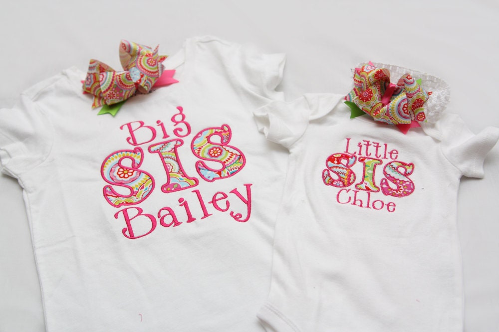 Big Sister Shirt and Little Sister Onsie with Matching Hairbows- You CHOOSE size and COLOR