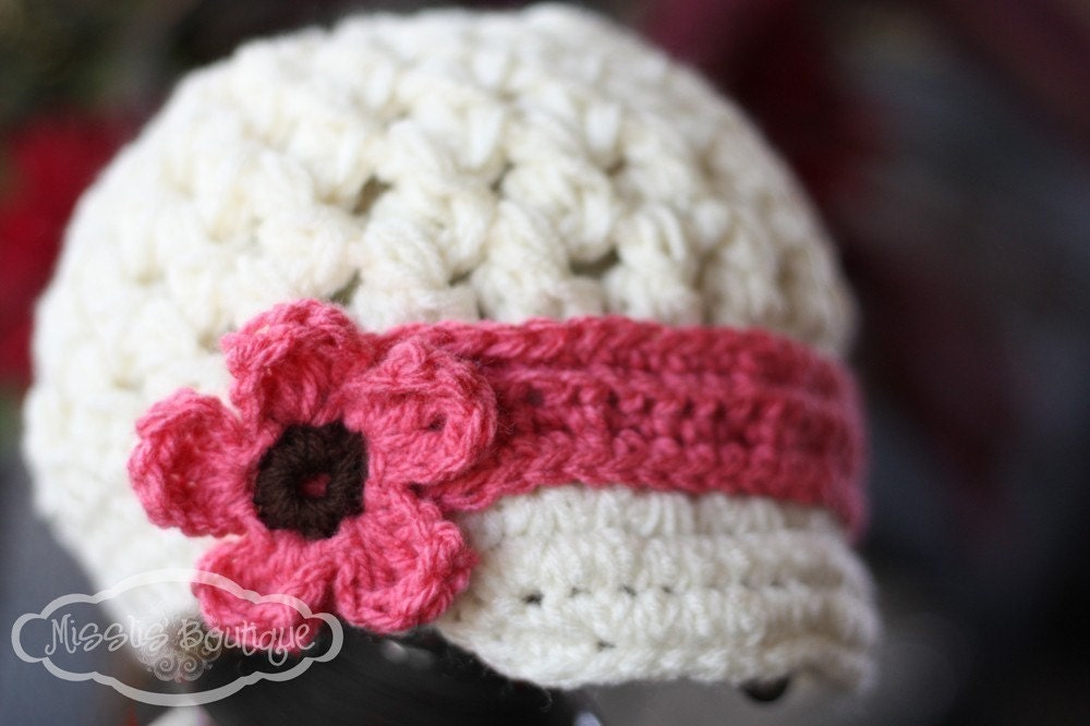 Girls Crochet Hat - Visor Beanie with Mary Jane strap - Girls Hat - Cream and pink