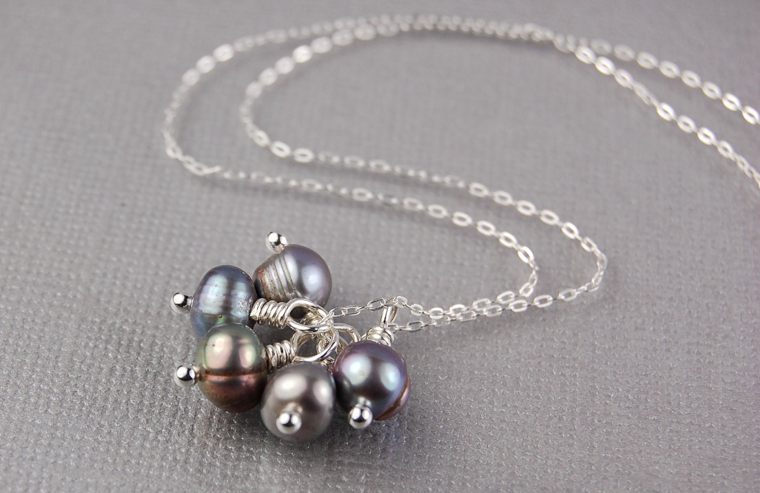 Peacock Grey Freshwater Pearls and Sterling Silver Wire Wrapped Cluster Necklace