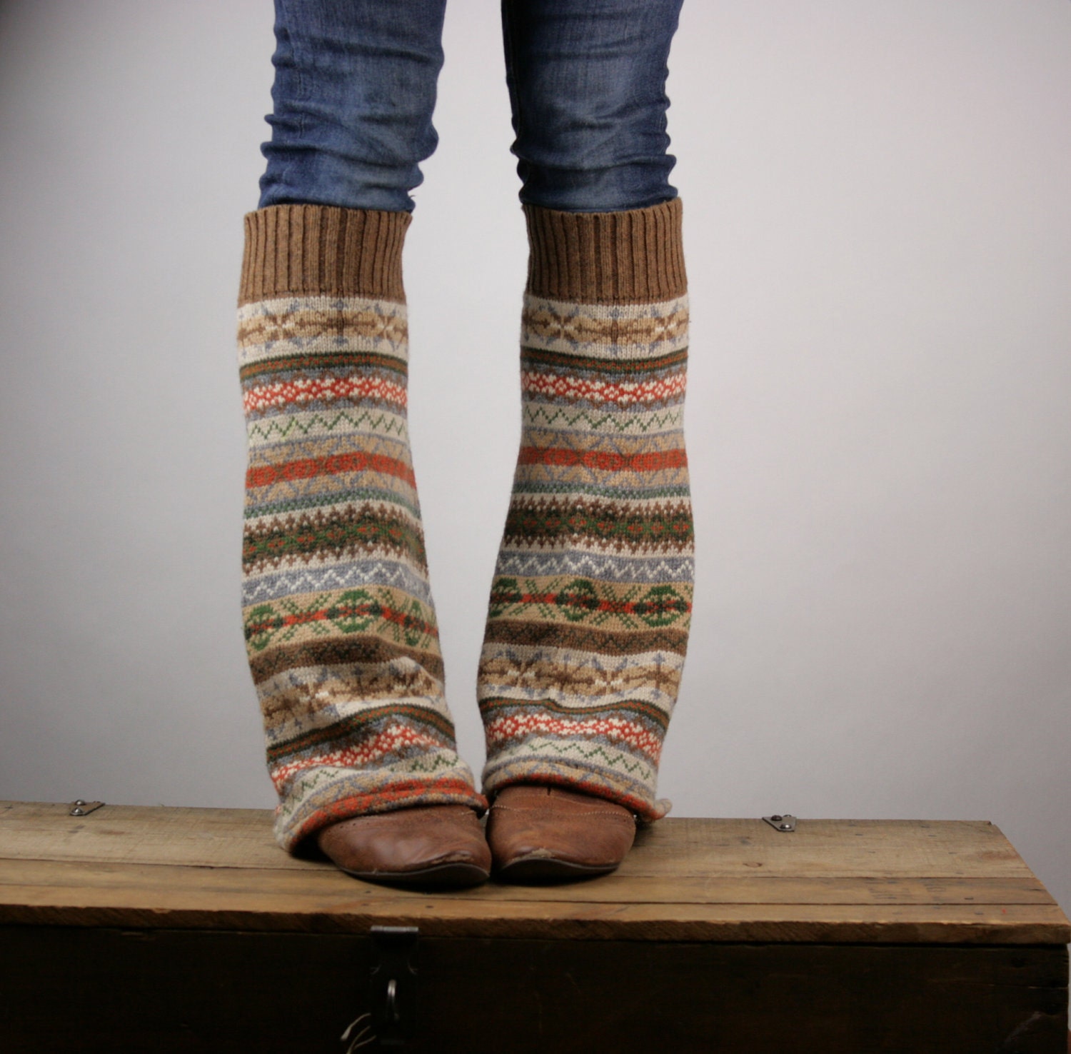 Upcycled Recycled Repurposed Sweater Leg Warmers Fair Isle Knit Brown Orange Camel