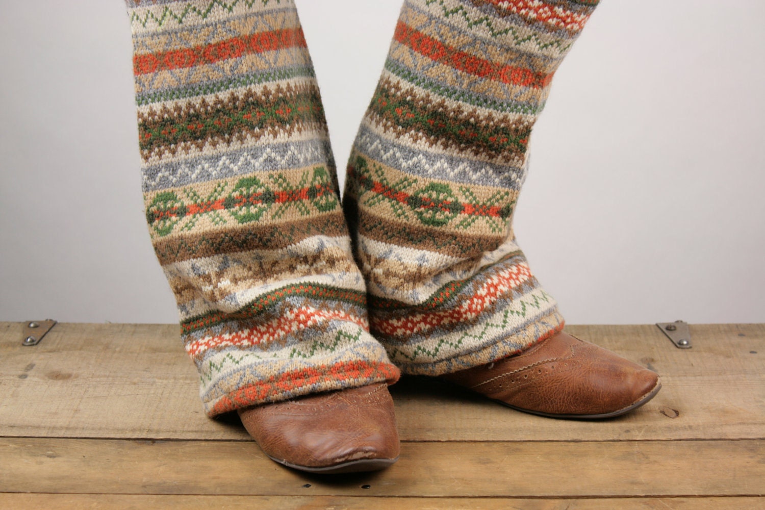 Upcycled Recycled Repurposed Sweater Leg Warmers Fair Isle Knit Brown Orange Camel
