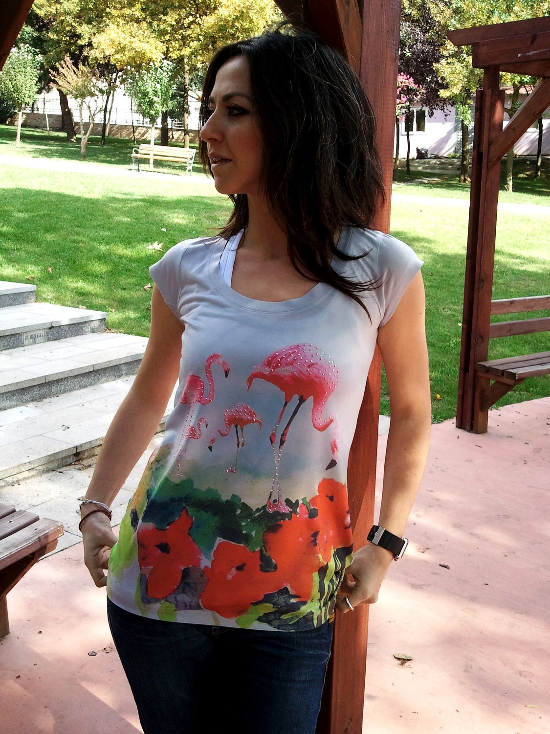 red flowers pink seagulls women t-shirt top tie dye printing spring fashion animal theme without printed stones one side printed