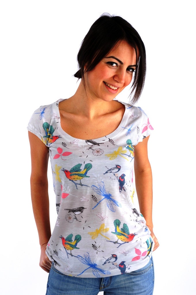 Spring birds little sparrows spring fashion new design women t shirt both side printed