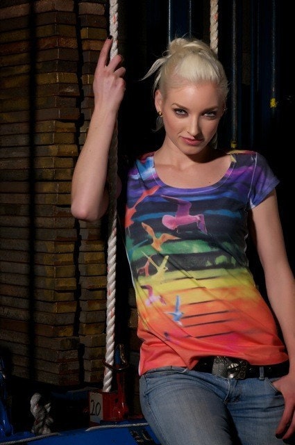 white red yellow purple birds seagulls t-shirt flying colorful spring fashion tie dye  one side printed