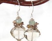 Earrings Champagne Quartz Brown Zircon Moss Aquamarine Sterling Silver Wire Wrapped Dangle OOAK Handmade