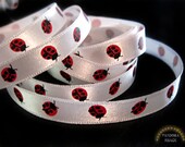 Ladybug satin ribbon spool. Black and red Ladybug in white background. Playful, Lovely, and shiny. Wholesale. 3/8" wide. -- 20 yard spool-