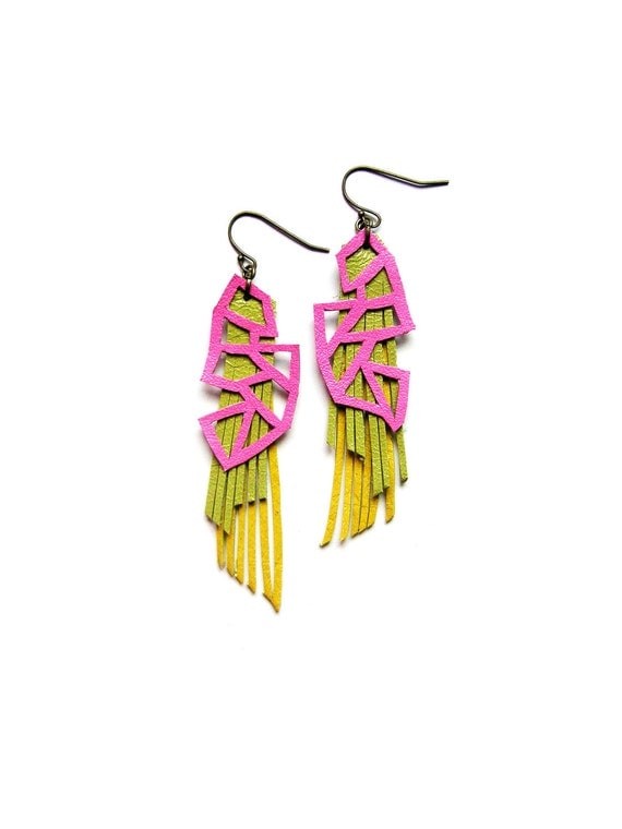 Neon Earrings Geometric Triangles and Fringe Leather Earrings