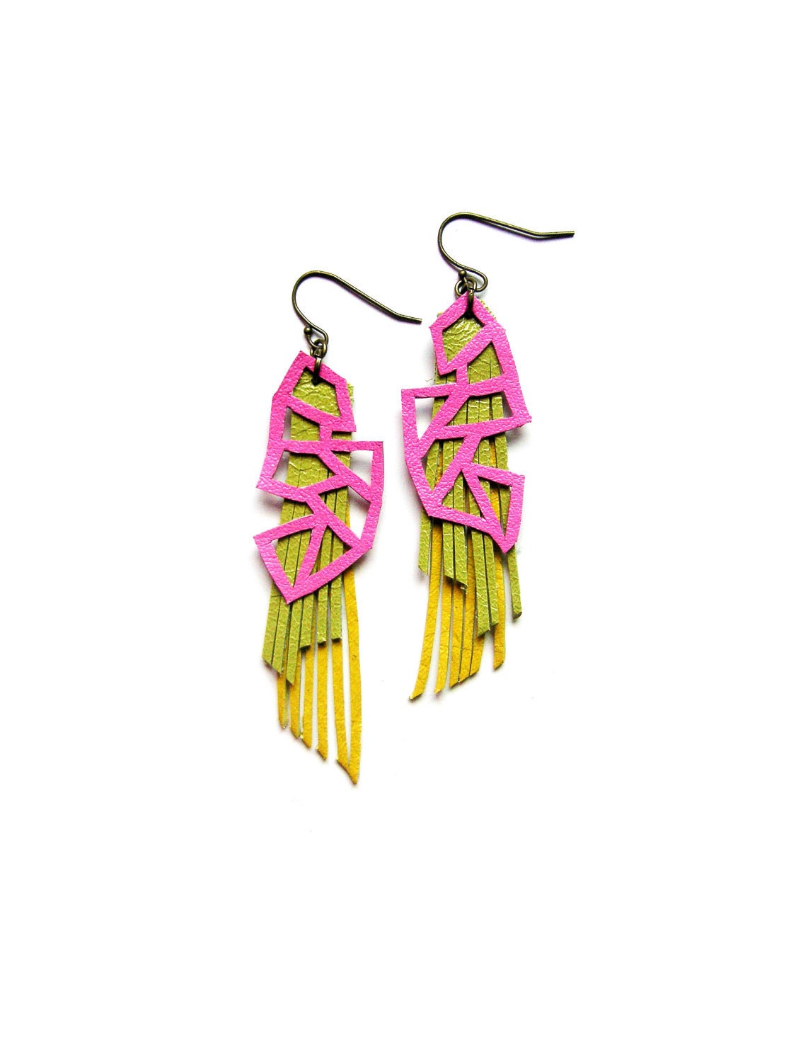 Neon Earrings Geometric Triangles and Fringe Leather Earrings