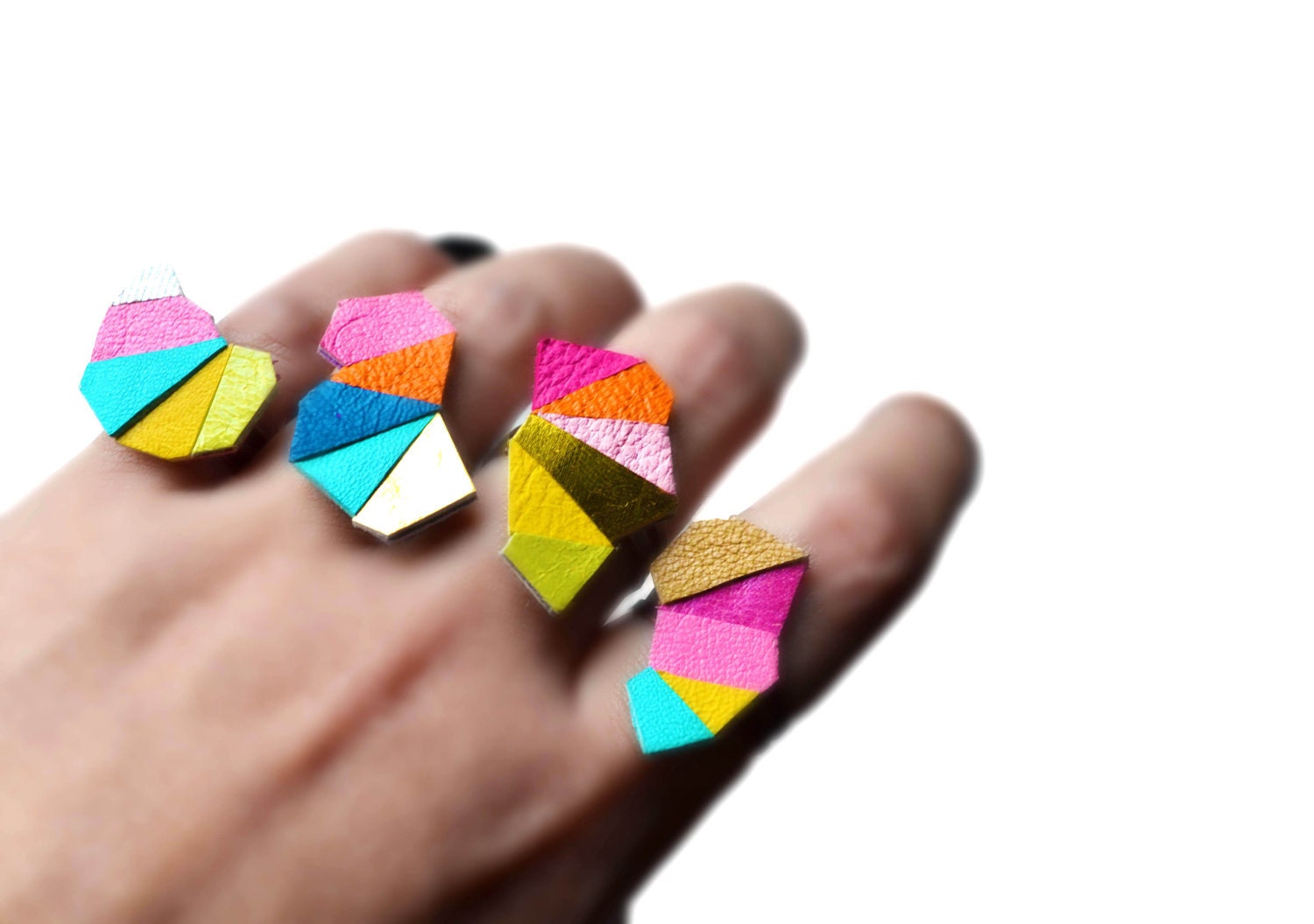 Neon Adjustable Ring Geometric Leather Triangle Kaleidoscope