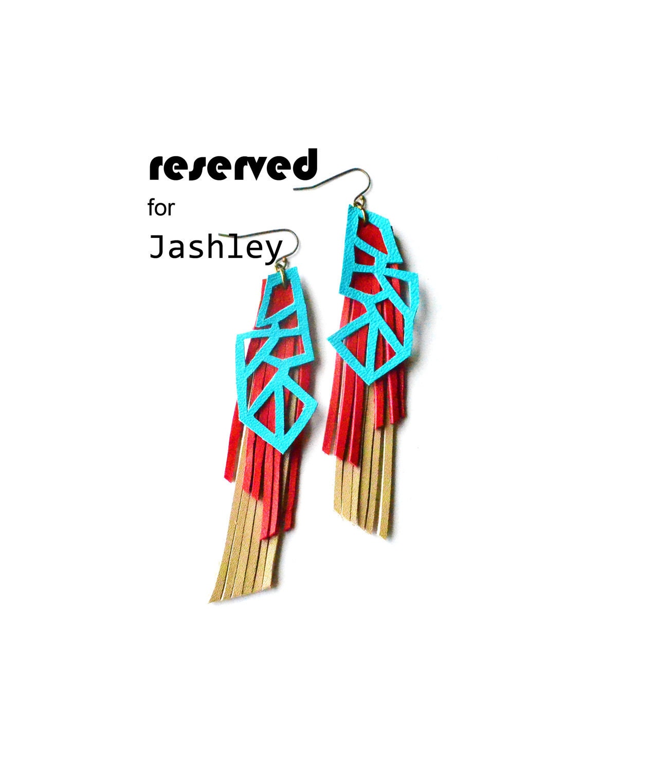 Geometric Earrings Teal Triangles and Red Fringe