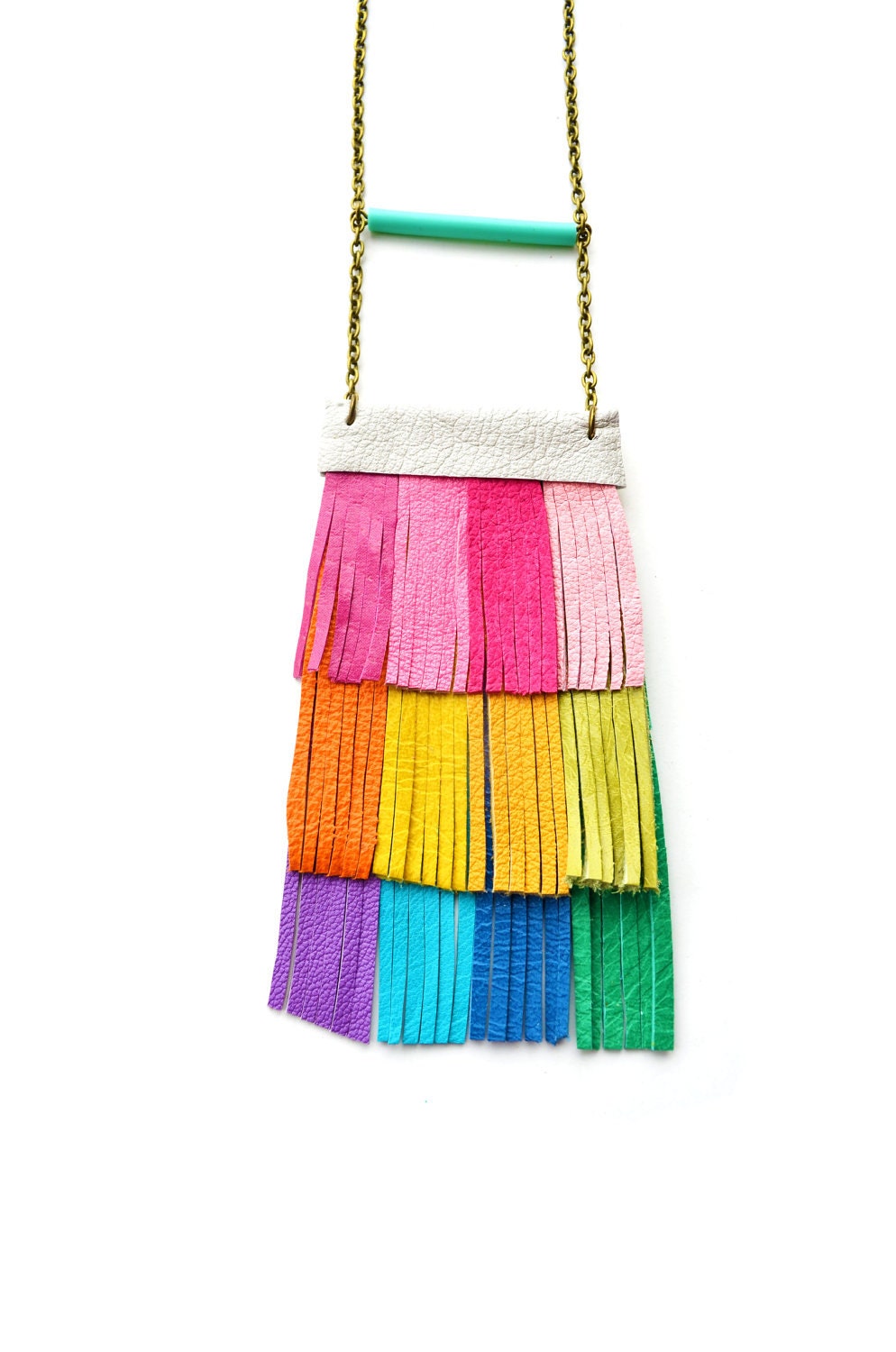 Fringe Leather Bib Necklace Neon Rainbow Color Block