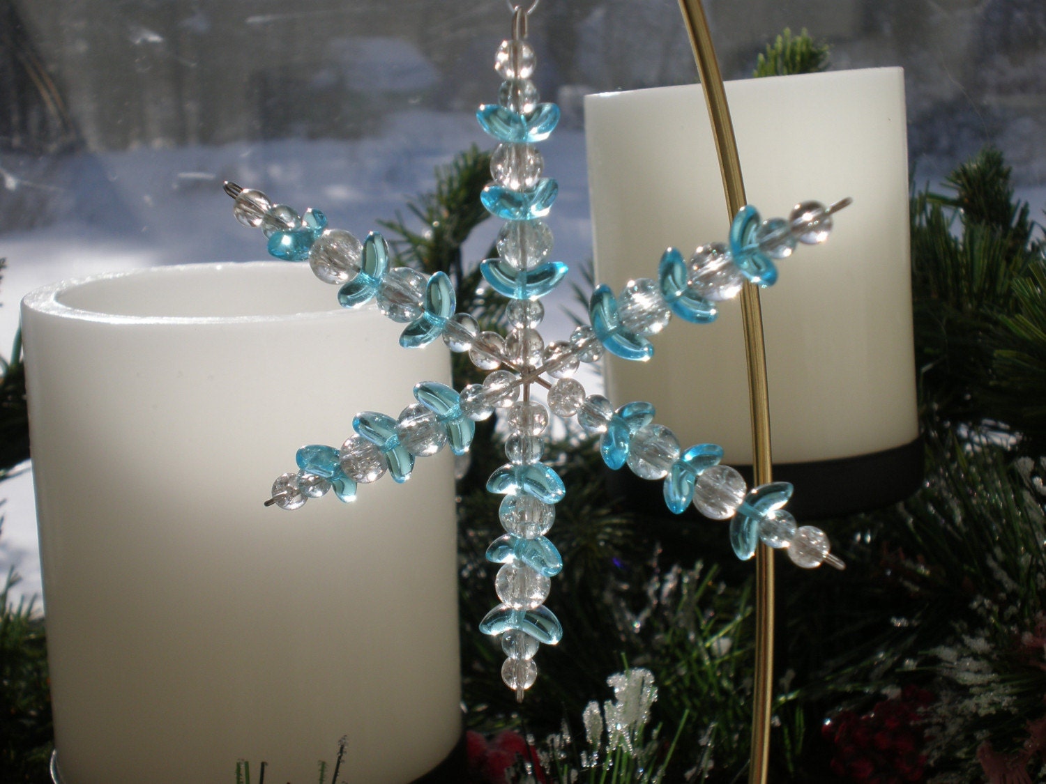 Aqua Blue and Clear Glass Beaded Snowflake Ornament