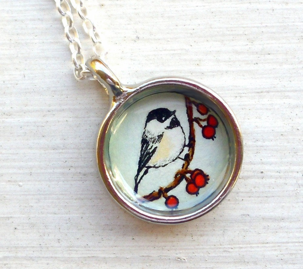 Hand Painted Necklace, Original Wearable Art Pendant, Chickadee