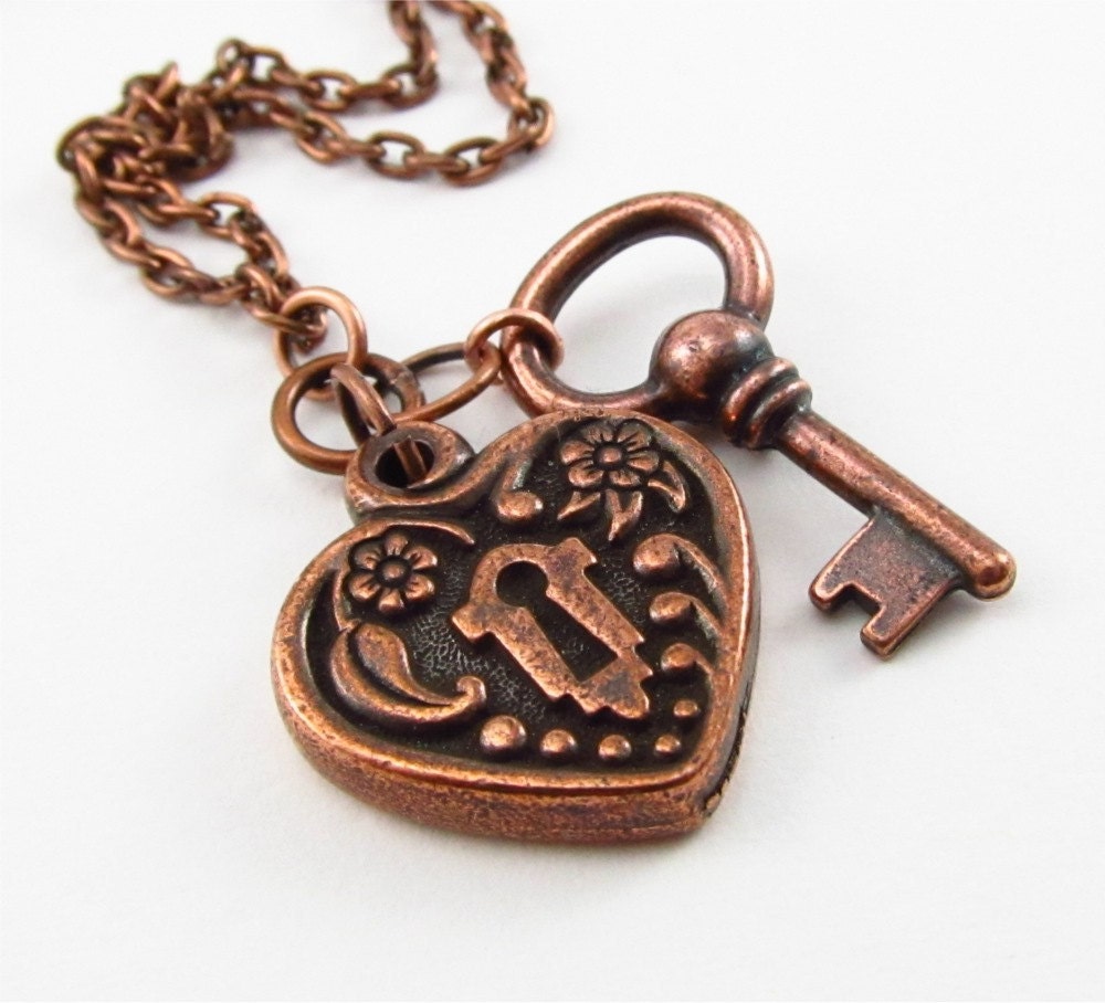 Valentine-- Music Lovers --Hand Painted Key to My Heart Necklace, Redhead, Copper Key Charm, Heart Jewelry