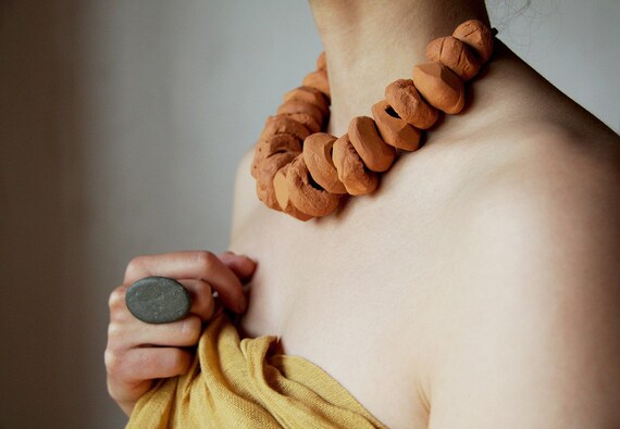 OOAK Tribal statement bohemian terracotta handmade art necklace - made to order