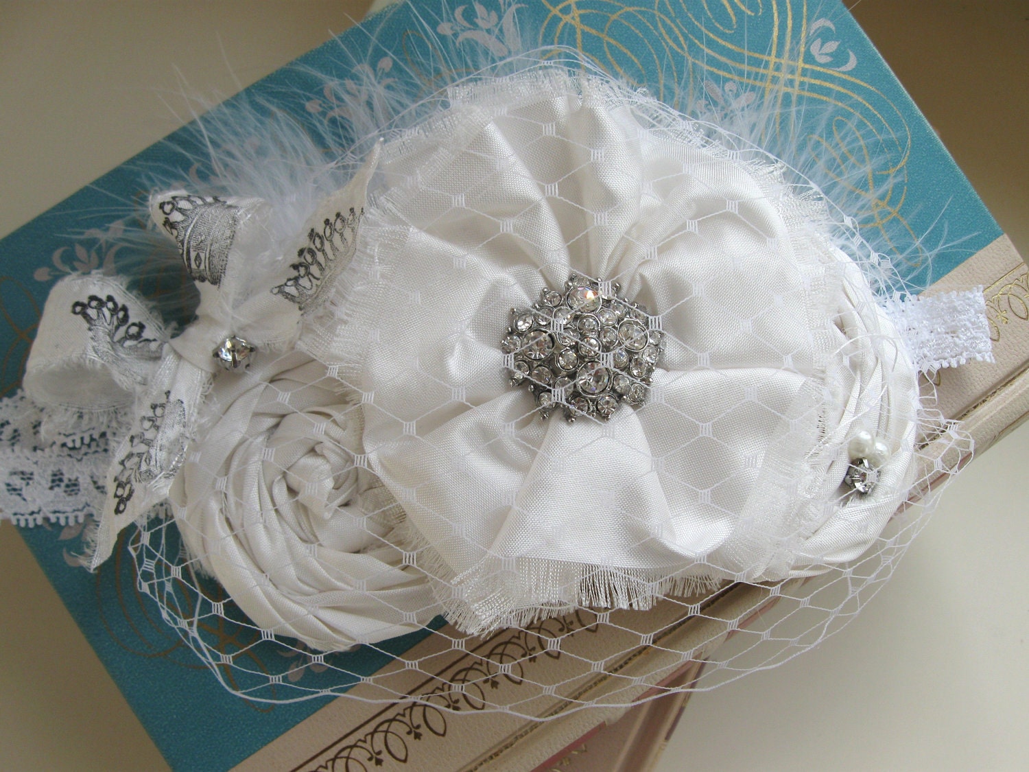 Shabby Chic Vintage Inspired Headband White Flower Girl, Wedding, Special Occasion