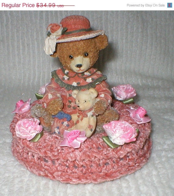 ON SALE Crochet Little Girl Teddy Bear Figurine Pink Satin Roses Chenille Pin Cushion