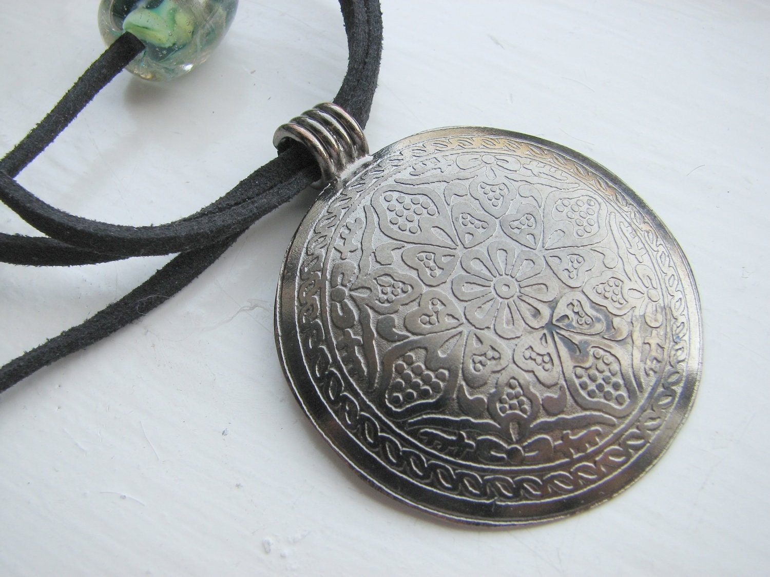 Silver Tribal Necklace Round Pendant - Earth and Water