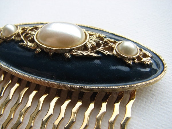 Vintage Wedding Hair Comb Blue Enameled Faux Pearl