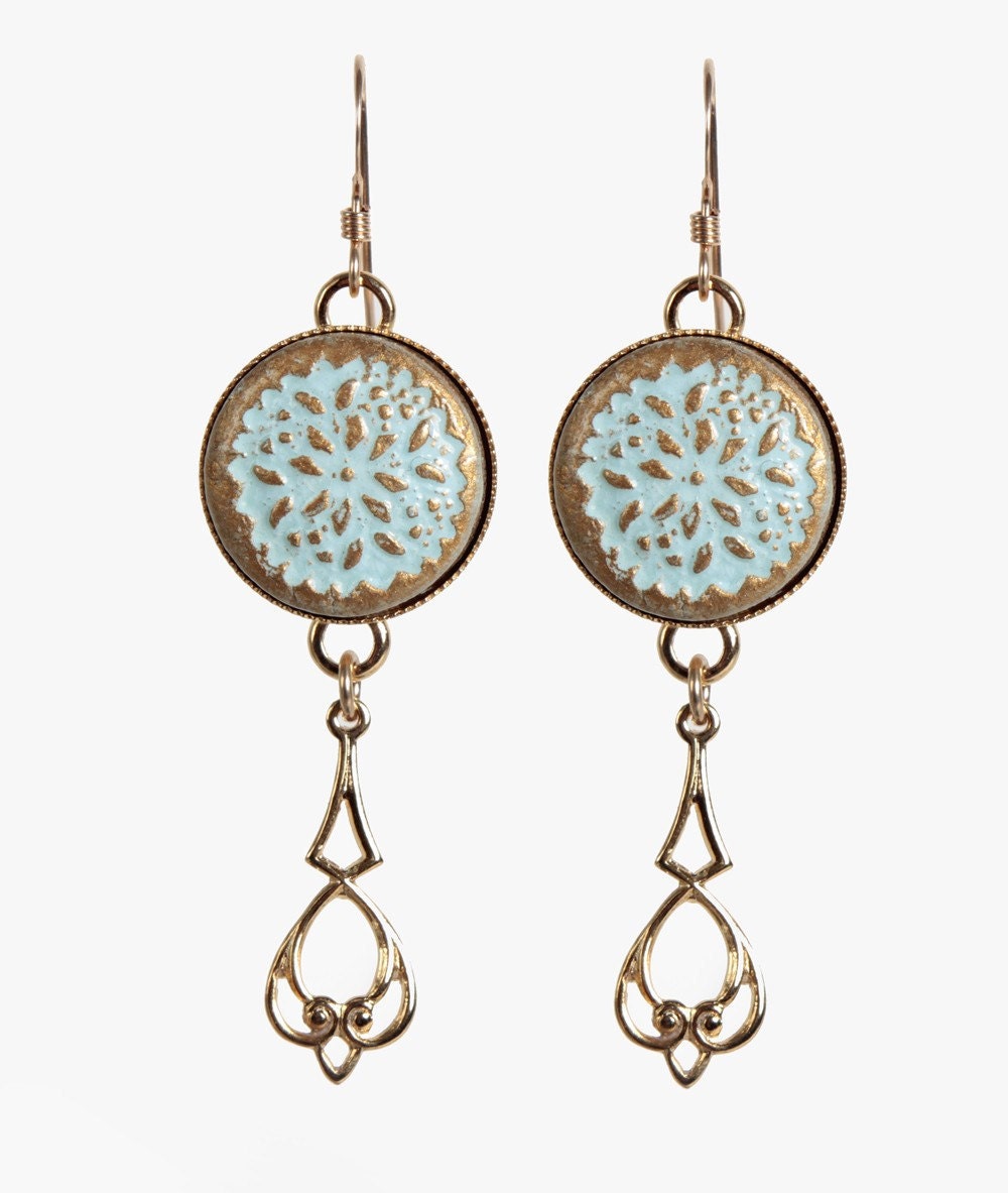 Gold Filled Drop Earrings With A Unique  Stamped Clay Elements