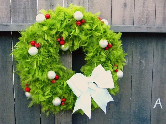 White Dots,Green Feathers  Your Favorite Christmas Wreath