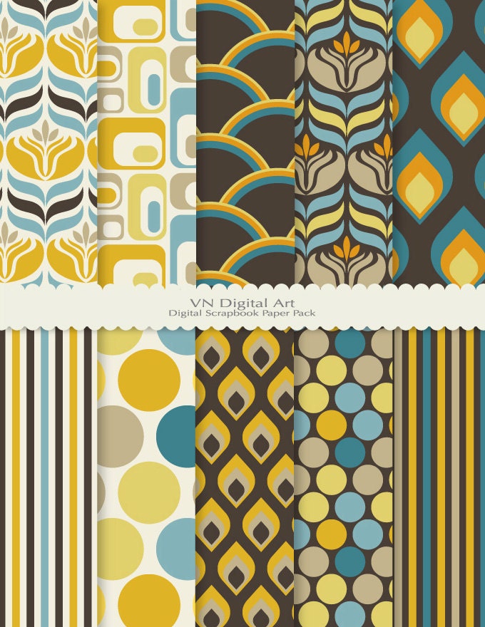 Retro Digital Scrapbook Paper Pack (8.5x11"-300 dpi) -- Instant Download -- 10 Digital papers -- 231