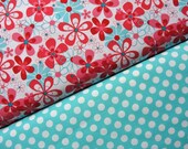 Michael Miller Fabric, Nearby Floral and Ta Dot in Ocean, Aqua and Red Collection, Full Yard Set, 2 Yards Total