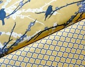 Joel Dewberry Fabric, Aviary 2, Full Yard Bundle, Sparrows and Lodge Lattice in Vintage Yellow, 2 Yards Total