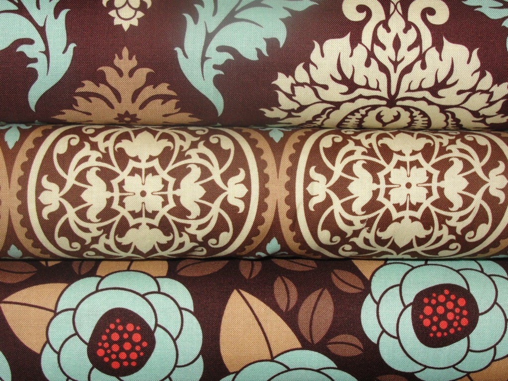 Joel Dewberry Fabric Bundle, Aviary 2, Damask, Scrollwork, and Bloom in Bark, Full Yard Bundle, 3 Yards Total
